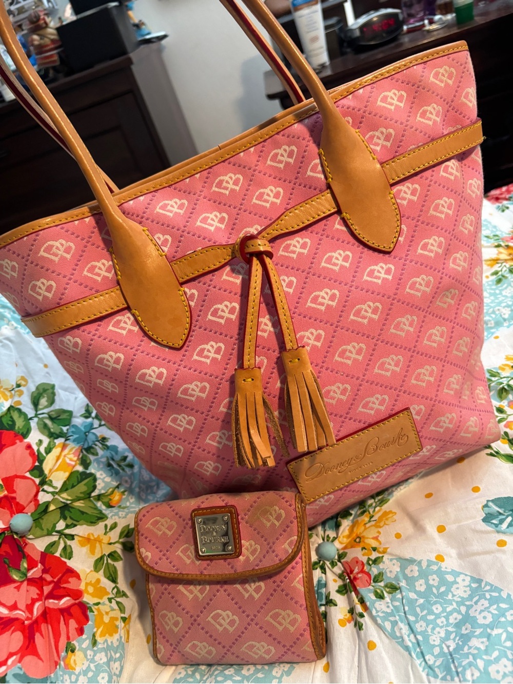 Vintage Y2K Dooney & Bourke Pink Logo Tote with Tan Leather Trim and Tassels